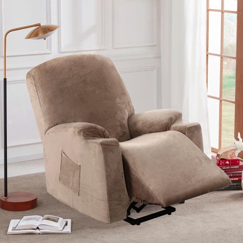 H.VERSAILTEX Rich Velvet Stretch Recliner Slipcovers 1 Piece Electric Power Lift Recliner Chair Cover Fitted Standard Large Power Lift Recliner with Side Pocket, Soft and Thick (Single Seat, Taupe)