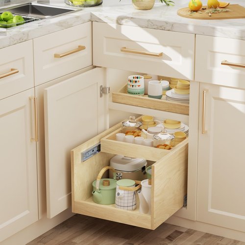 LOVMOR Retractable Double-Drawer Pull Out Cabinet Organizer 10½” W x 21” D Soft Close Cabinet Drawers Slide Out with Full Extension Rail Slides Cabinet Pull Out Shelves for kitchen Cabinets