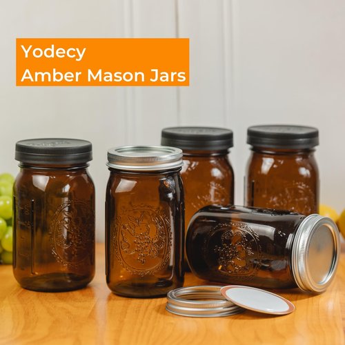 Yodecy 6 Pack 32 oz Amber Wide Mouth Mason Jars with Airtight Lids and Black Plastic Mason Jar Lids, Amber Canning Jars