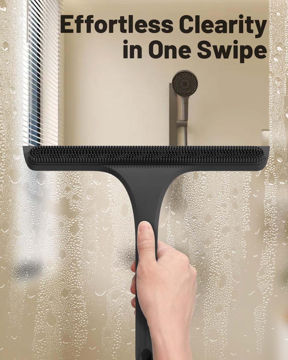 2-in-1 Silicone Shower Squeegee with Hook,Dual-Sided Design with Scraper & Scrub Surface,Rust-Proof Stainless Core,Streak-Free Bathroom Squeegee for Glass Doors,Mirrors,Windows,Car Windshields (Black)