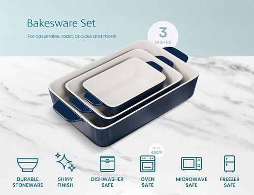 Kook Casserole Dish Set - Durable Ceramic Baking Pans with Handles | Large 8.5 x 14, 11 x 7, 8 x 5 (Navy)