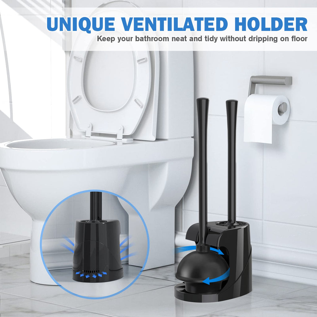 Toilet Plunger and Brush, Bowl Brush and Heavy Duty Toilet Plunger Set with Ventilated Holder, 2-in-1 Bathroom Cleaning Combo with Modern Caddy Stand for 5.7-inch Toilet Drain(Black, 2 Set)