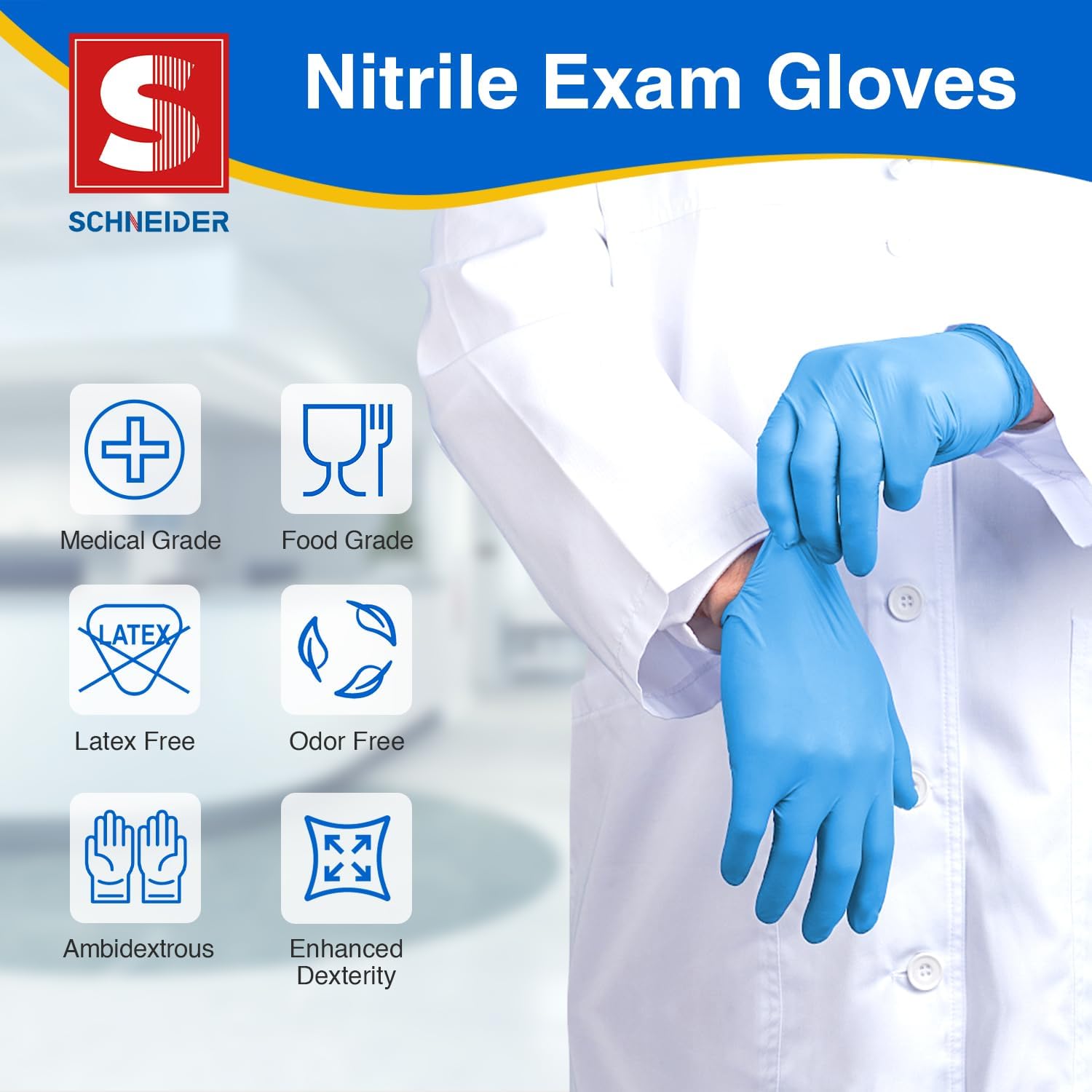 Schneider Nitrile Exam Gloves - Medical Grade Blue Disposable Latex-Free Rubber Gloves | Ideal for Food Prep & Cleaning