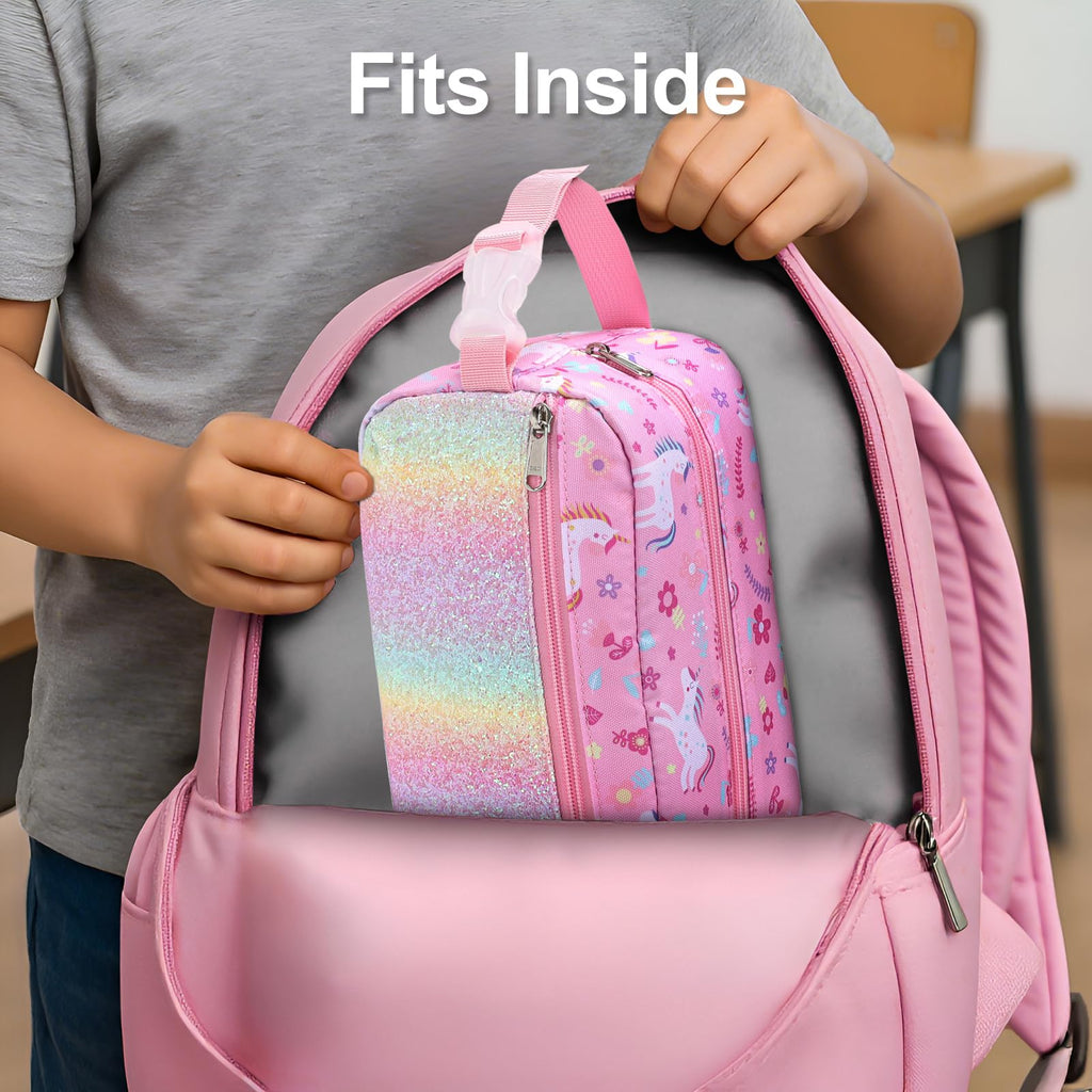 Bagseri Kids Snack Bag Girls - Small Reusable Mini Cooler Pouch, Insulated 3.9L Food Carrier with Buckle Handle for School and Daycare, Fits in Backpack, Glitter Pink Unicorn