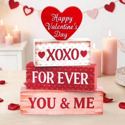 OLANRUN Valentines Day Decorations - 4 Pack Wooden Block Heart Set Signs Valentines Day Table Decor - 7.8 Inch Valentine's Decorations for Home Office Bedroom Tiered Tray Fireplace Mantel