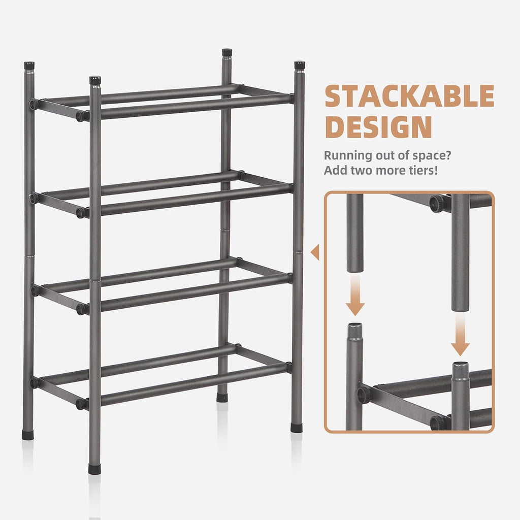 Storage Maniac Expandable Shoe Rack - 8 Pairs Stackable Metal Organizer for Closet & Entryway | Black 2 Tier