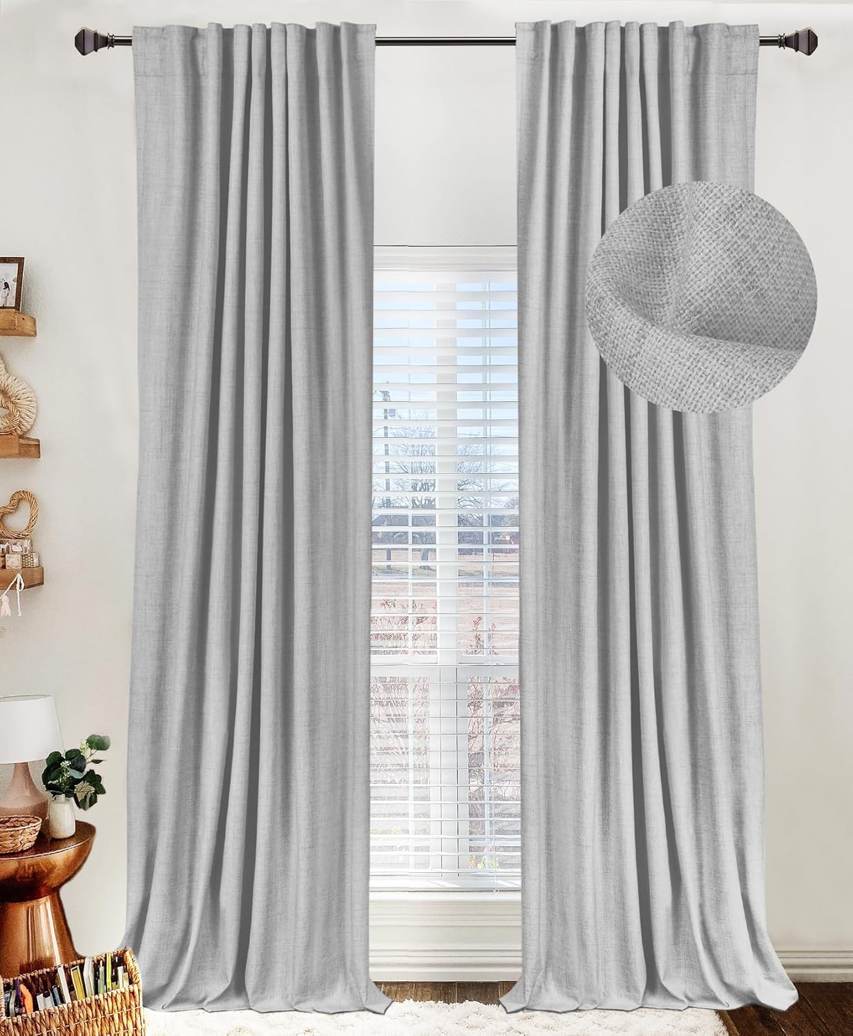 Skiennix 100% Blackout Linen Curtains - Thermal Insulated Drapes, 2 Panels Set, 50" W x 96" L, Grey