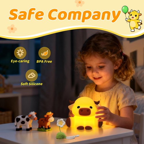 Attivolife Highland Cow Night Light for Kids, Flower Cow Cute Animal Gift Soft Silicone LED Lamp with Dimmable and Timer, Bedroom Bedside Table Decor, Birthday Christmas Gifts for Children Baby