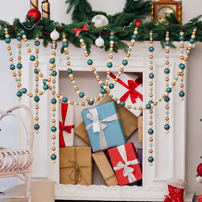 Sage Green & Natural 4 Pcs Wood Bead Garland 28.8 ft – Farmhouse Christmas Decor (Variation: Sage Green, Natural)
