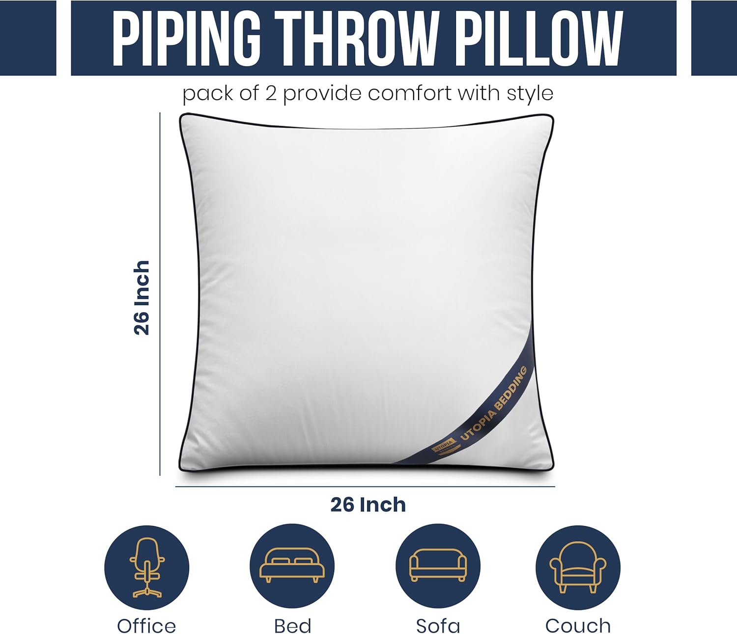 Utopia Bedding Throw Pillow Inserts - Decorative 26 x 26 Inch White Pillows for Sofa & Bed (Pack of 2)
