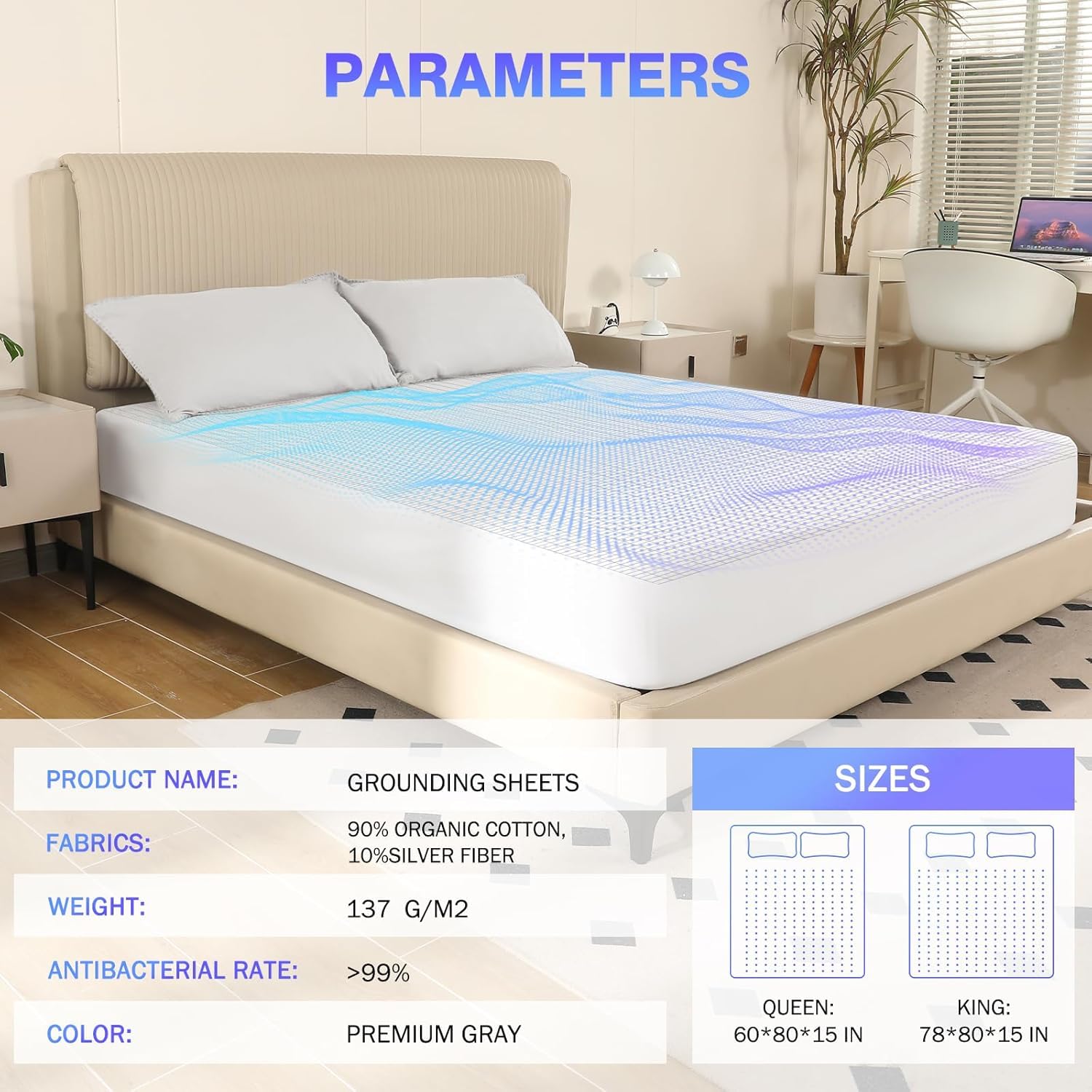 OneAmg Grounding Sheets Queen Size, Grounded Fitted Bed Sheet 10% Pure Silver Fiber + 90% Organic Cotton Bed Grounding Kit with grounding Cord for Improved Sleep & Wellness (White,80"x60"x15")