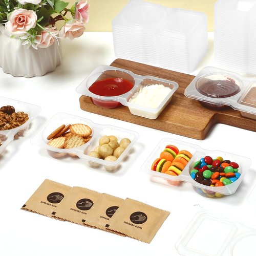 tiaotyu 20 Pack 2 Compartment Snack Containers with Lids – Leak-Proof, Reusable Plastic Snack Packs for Kids & Adults, Divided Small Snack Containers for Lunch, Meal Prep, Dips, Salads
