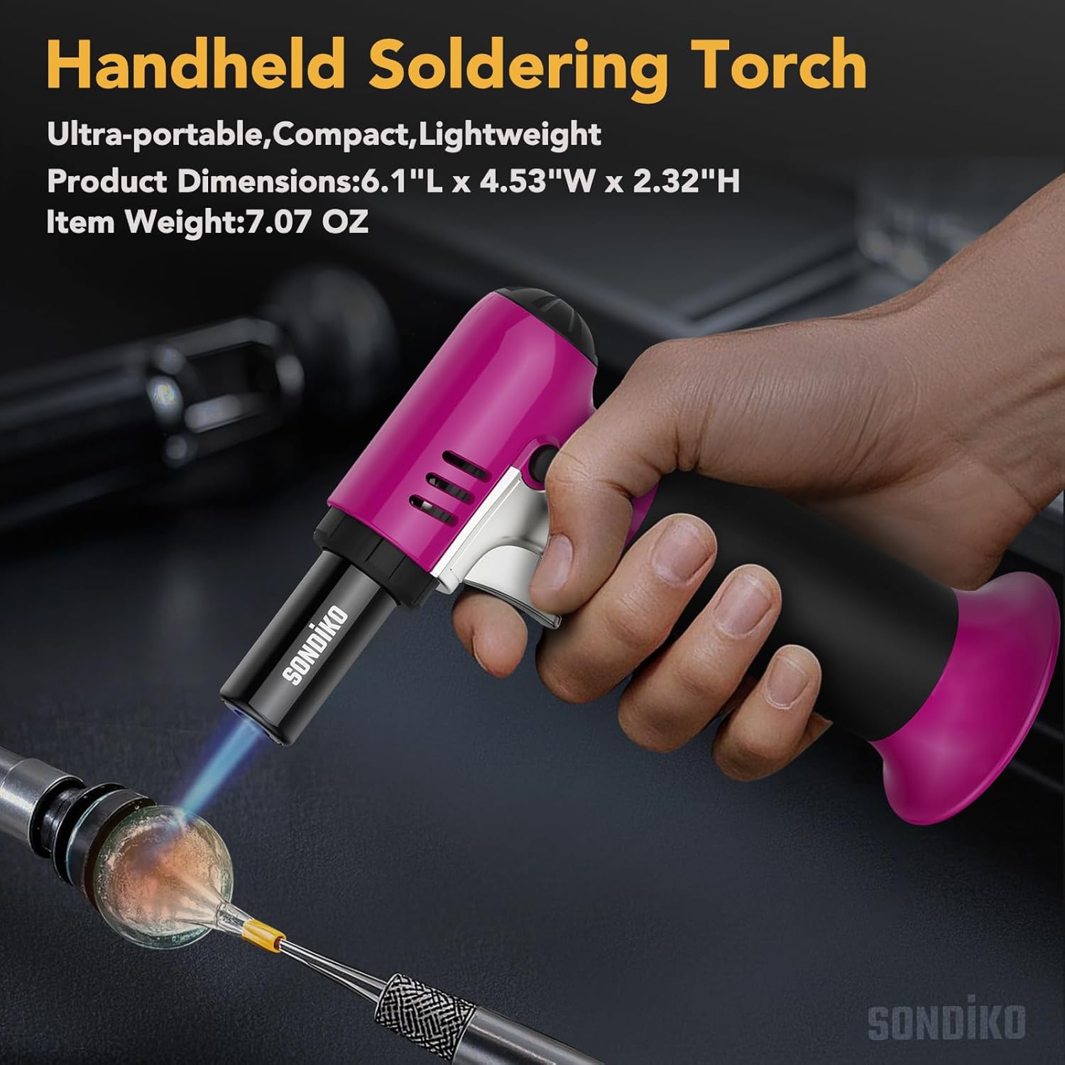 Sondiko Butane Torch - Refillable Soldering Lighter with Adjustable Flame | Pink & Black Design