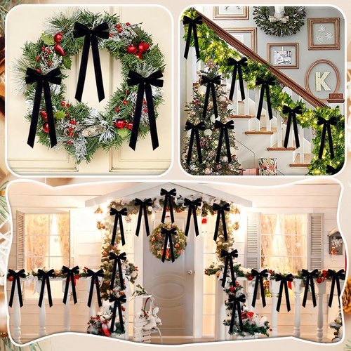 JOICEE Black Velvet Bows - 15 Pcs 5in x 12in Rustic Christmas Tree & Wreath Decor
