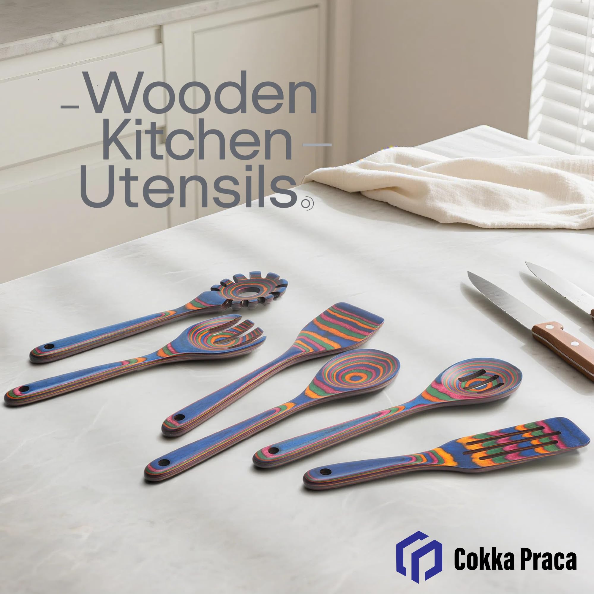 Cokka Praca 6-Piece Pakkawood Kitchen Utensils | Heat Resistant Wood Kitchen Utensils | Pakkawood Kitchen Cooking Utensil Set | Wooden Spoons for Cooking | Non-Sitck Cooking Spoons | Sapphire