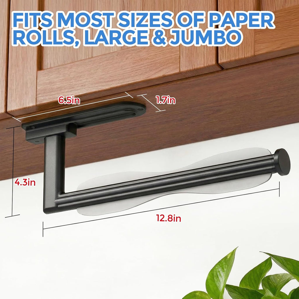 Zaa Paper Towel Holder - Under Cabinet Self-Adhesive or Drilling Wall Mount | One-Hand Tear Black Design for Kitchen & Bathroom Organization
