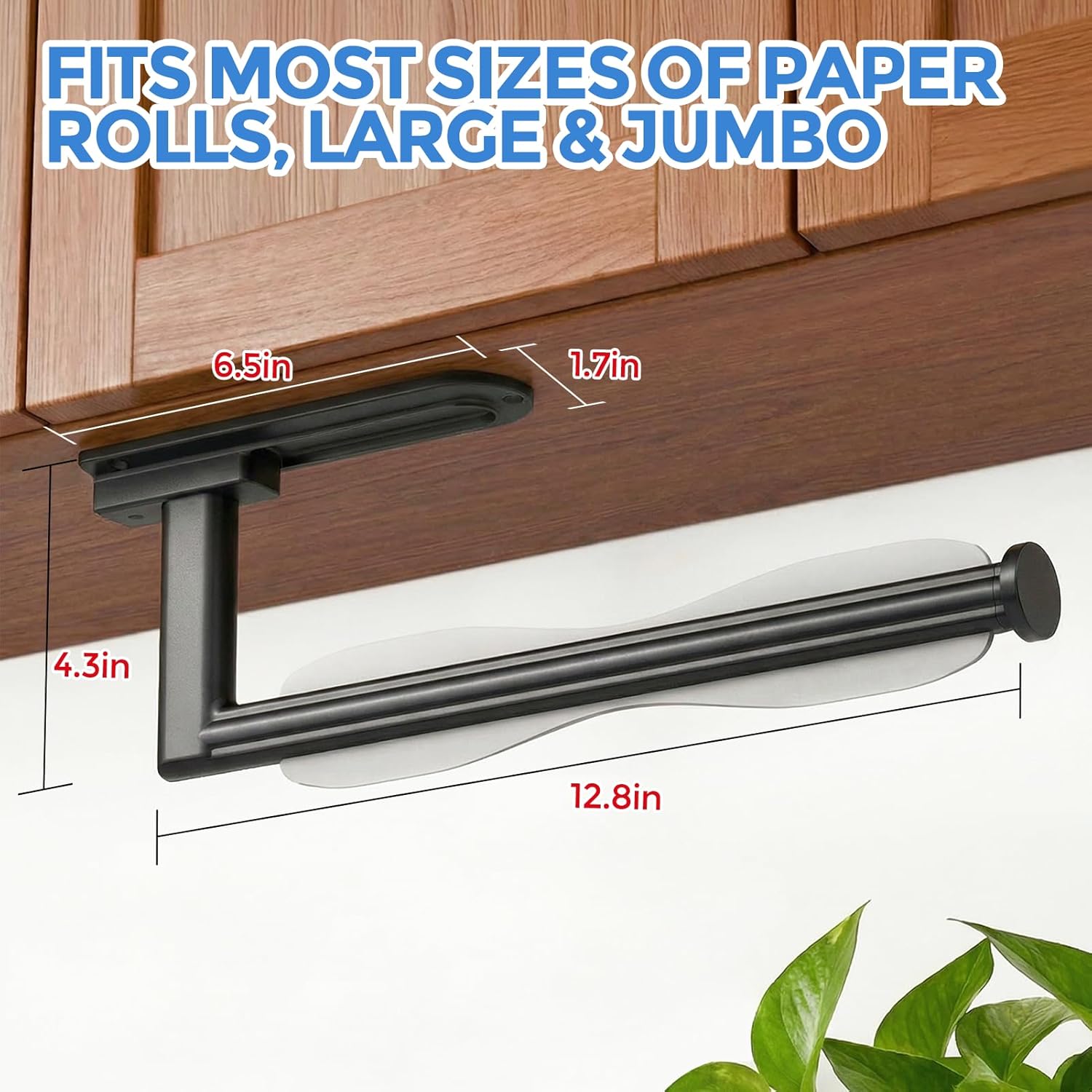 Zaa Paper Towel Holder - Under Cabinet Self-Adhesive or Drilling Wall Mount | One-Hand Tear Black Design for Kitchen & Bathroom Organization