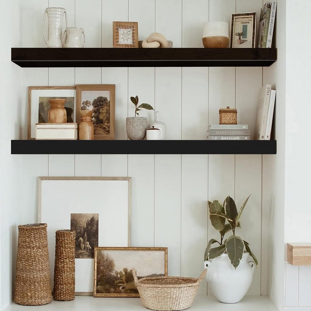 QEEIG Floating Wall Shelves - Stylish 35.4" Long Set of 2 for Bathroom, Kitchen, Living Room | Black Home Decor