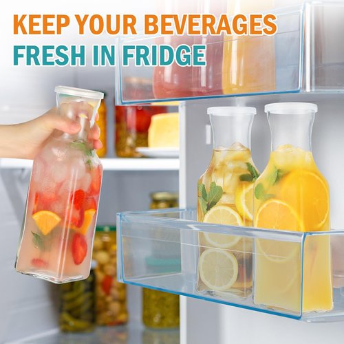 Glass Carafe with Lid, 4Pcs Square Glass Carafe Juice Containers 1 Liter Clear Glass Pitcher Drink Dispensers for Beverage Cold Water Juice Milk Iced Tea Wine Dishwasher Safe