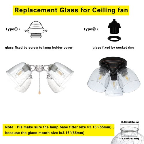4 Pack Clear Seeded Glass Replacement,2-1/8" Fitter, 5.47" High, 4.76" Diameter Shades Covers for Ceiling Fan Light Fixtures Pendant Lighting Chandelier Vanity Light Kitchen Island Light.