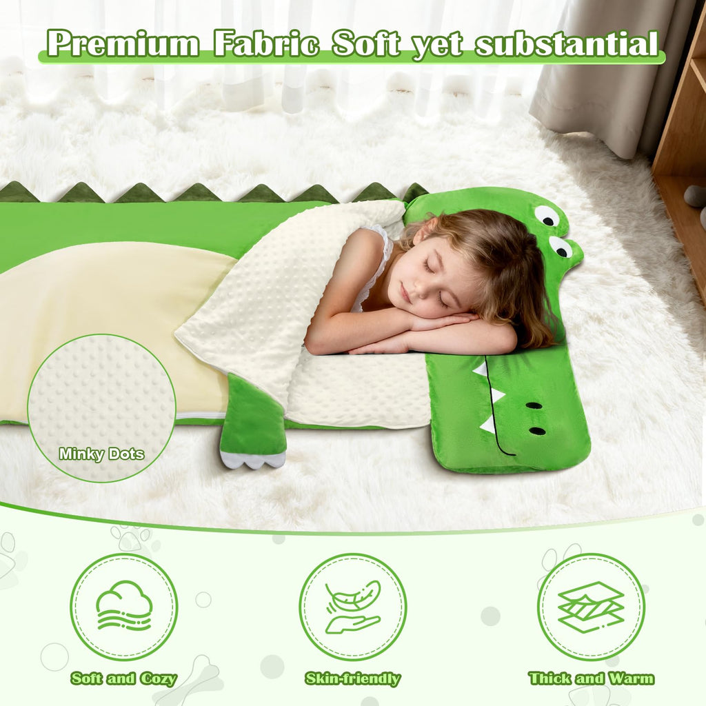 Toddler Nap Mat,Crocodile Kids Sleeping Bag 67‘’×27‘’,Extra Large Slumber Bag Thick with Removable Pillow for Girls Boys,Soft Plush Roll Up Sleeping Mat Lightweight for Preschool,Daycare,Travel,Green