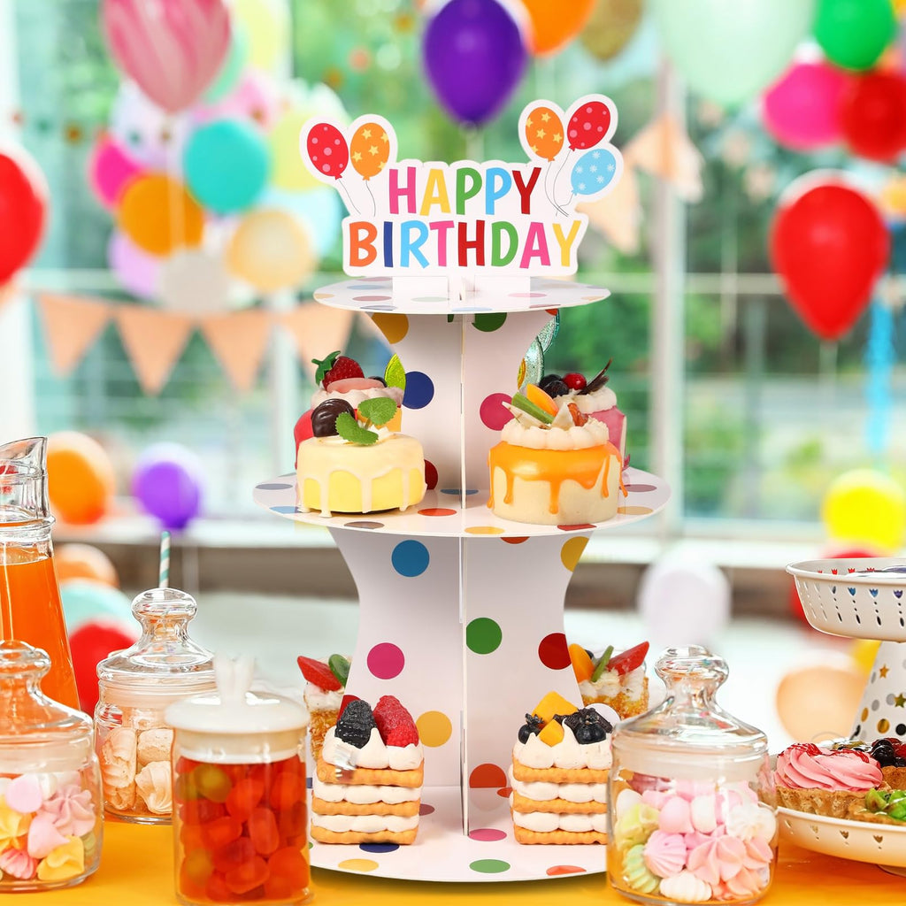 Zopeal Happy Birthday Cupcake Stand 3 Tier Birthday Party Cupcake Holder Polka Dots Cake Stand Holder Cardboard Dessert Tower for Theme Party Supplies Cake Decorations