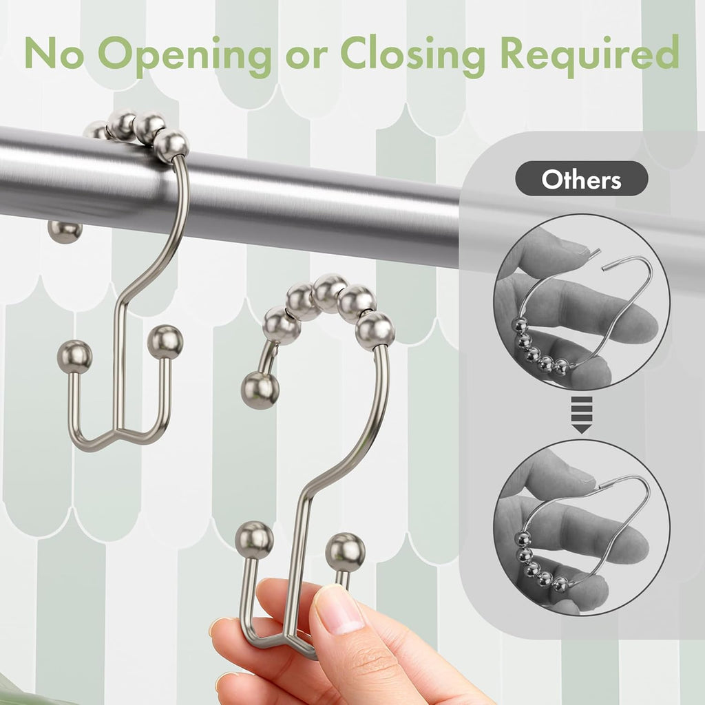Amazer Shower Curtain Hooks - 12PCS Rust-Resistant Metal Double Rings for Easy Curtain Rolling | Nickel Finish