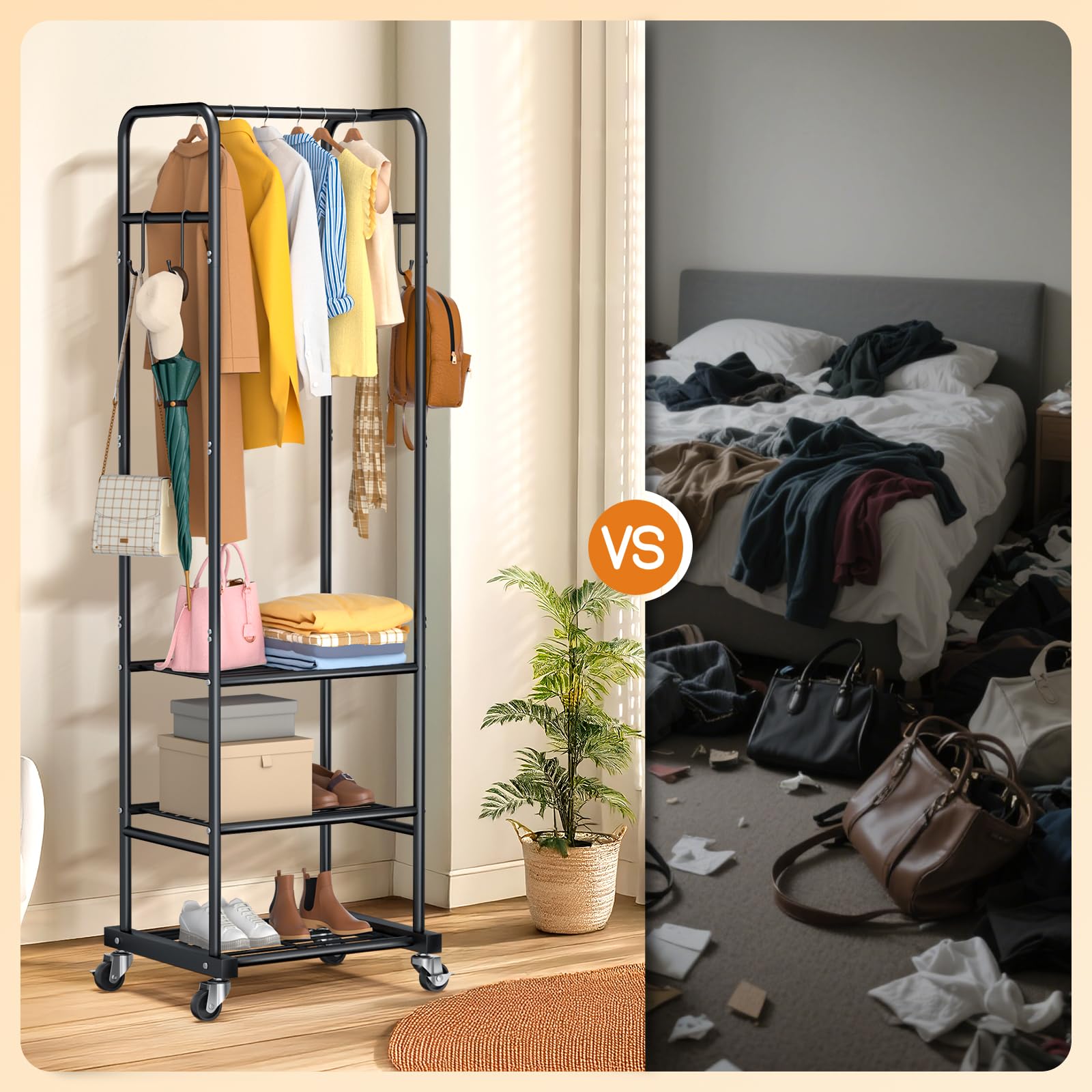 ZHKINGGS Clothes Rack with Wheels, Freestanding Garment Rack with 3 Metal Shelves for Hanging Clothes, Portable Hanging Rod for Small Room, Bedroom, Bathroom (Black)