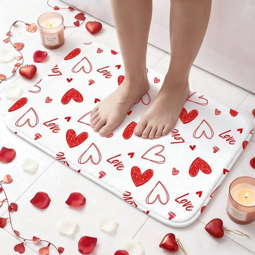 Lindameler 4Pcs Valentines Shower Curtain Set, Sweet Love Red Heart Shower Curtain with Non-Slip Washable Bath Rugs, Toilet Lid Cover Red Heart Valentines Bathroom Decor Accessory Set 72X72 Inch