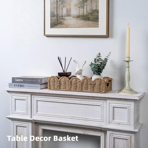 CubesLand Bathroom Basket Organizer - Scalloped Wicker Storage Tray with Cut-Out Handle | Neutral Decor