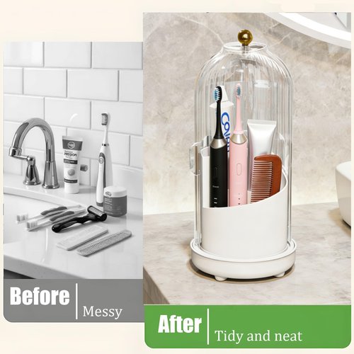 JEESA Toothbrush Holder Organizer, with Drainage Holes, with Dustproof Cover, 360 Rotating, 3 Slots, for Bathroom Countertop, White