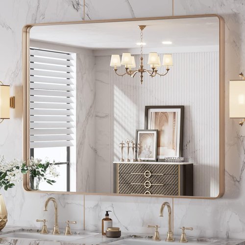 LOAAO Gold Bathroom Mirror - Rounded Rectangle Design | Anti-Rust Tempered Glass, 40" x 32" Size, Wall-Mounted
