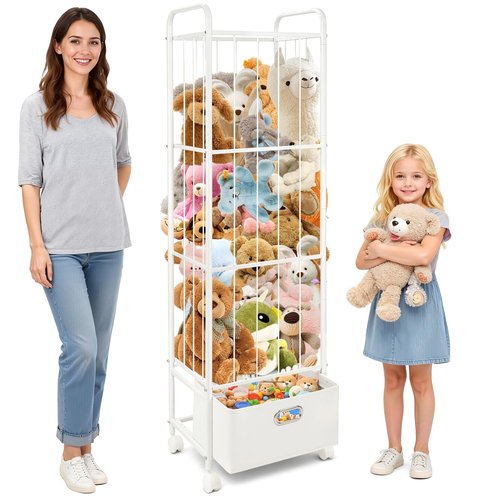 Puppiluv Stuffed Animal Storage, Metal Stuff Animals Zoo Holder with Fabric Drawer and Wheels Tall Vertical Plushies Toy Organizer Plush Storage Cage with Elastic Band for Nursery Playroom Corner