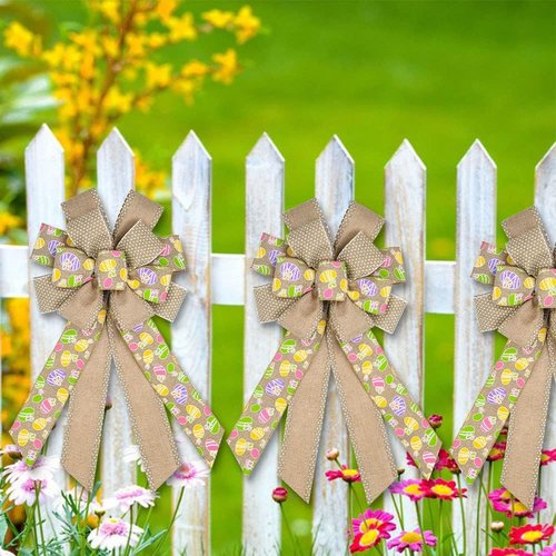 Estivaux Large Easter Wreath Bows - Flaxen Burlap Holiday Decorations for Indoor/Outdoor Use