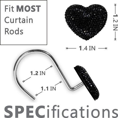 Black Heart Shower Curtain Hooks: Sparkling Shower Hooks with Crystal Rhinestones - Stainless Steel Shower Rings Hangers for Gothic Bathroom Decor for Halloween Christmas Valentine's Day