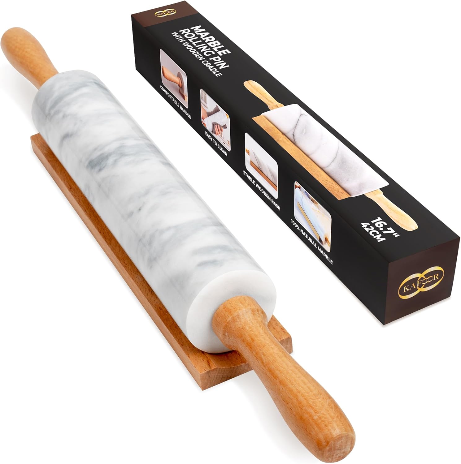 Skiennix Marble Rolling Pin - 16.7 Inches with Wooden Handles & Cradle | Ideal for Pizza Dough, Pasta, Cookies & More!