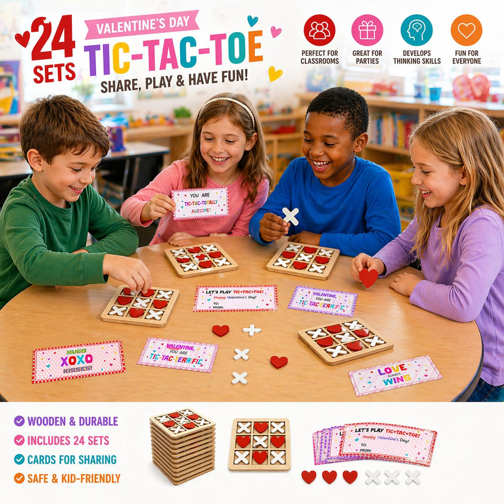 Bailiyake 24 Set Wooden Tic Tac Toe Bulk with Cards