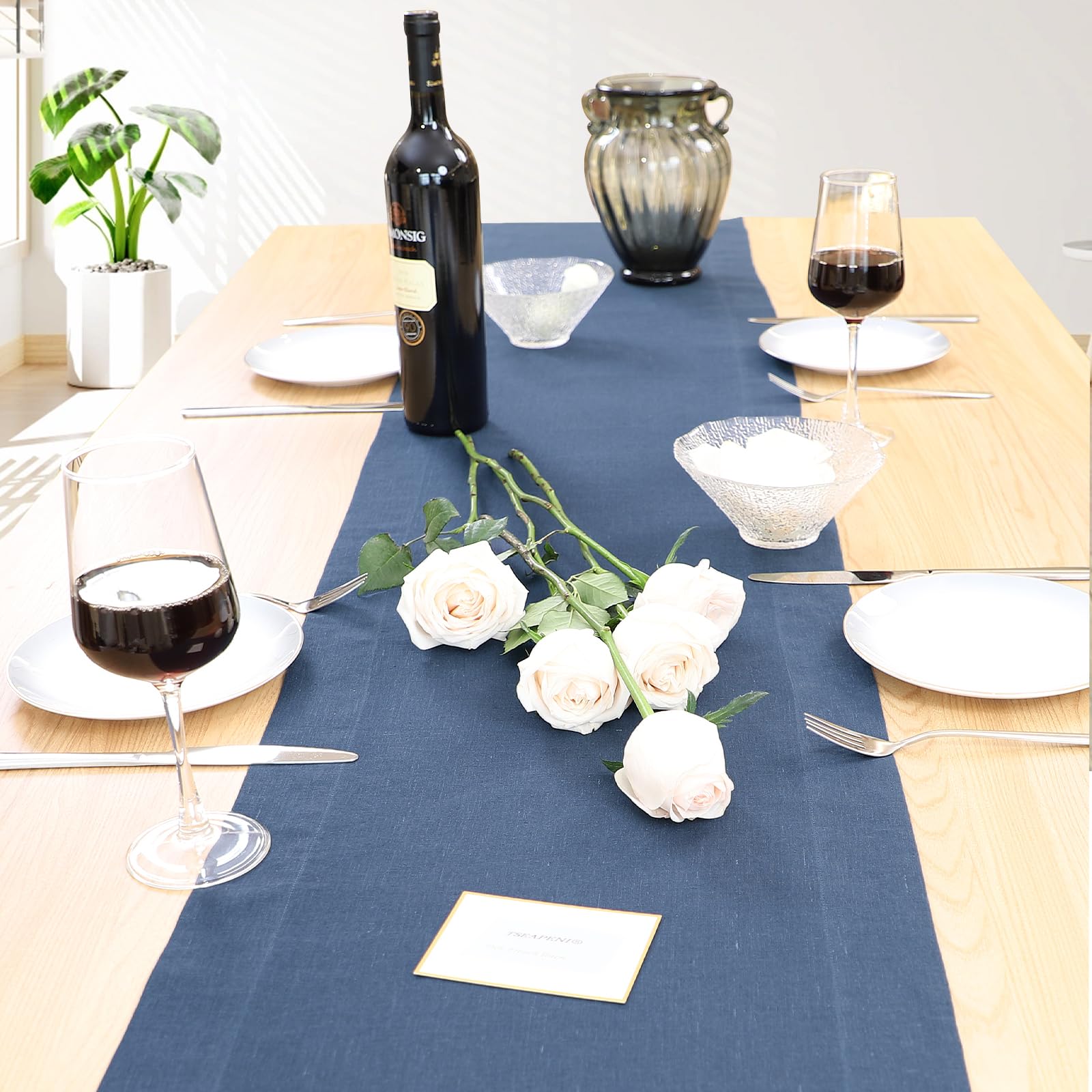 Tseapeni Linen Table Runner 108 Inches Long, 100% Natural Table Runners for Coffee Table Kitchen Dining Dresser Fall Thanksgiving Christmas New Year Holiday(Navy Blue,14x108)