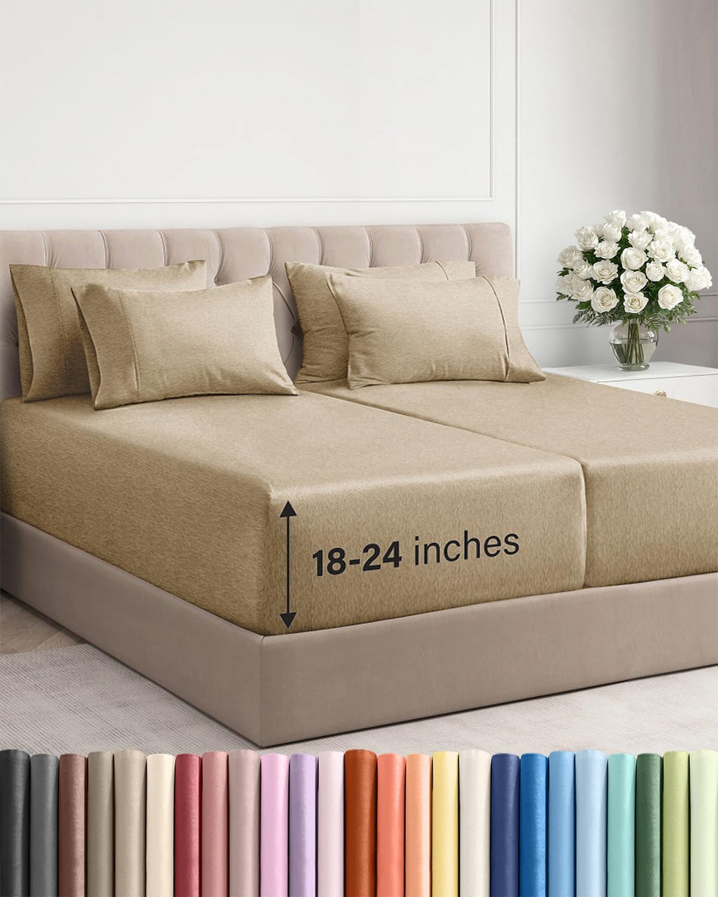 Skiennix Extra Deep Split King Sheet Set - 7 Piece Breathable Cooling Bedding - Soft Wrinkle-Free Heathered Tan