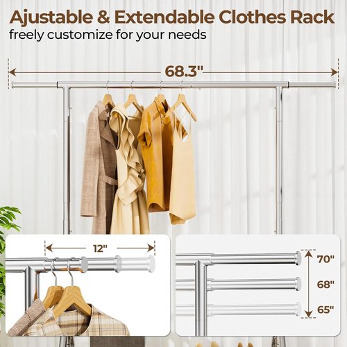 HYSEYY Heavy Duty Clothes Rack - 450 LBS Capacity Metal Garment Rack with Wheels & Shelves | Silver