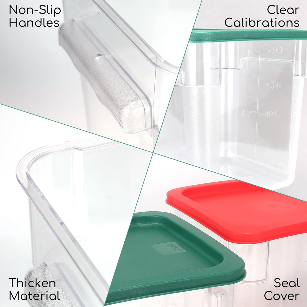 6-Pack 8 Quart Food Storage Container with Lid, Commercial Grade Square Polycarbonate 8 Qt Container with Lid, Handles & Measurement Scales, Airtight Stackable for Kitchen, Restaurant & Home Use