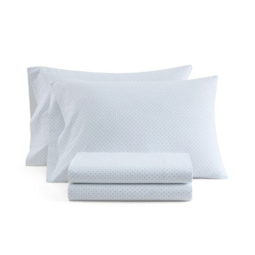 Martha Stewart - Queen Size Sheets Set, Crisp & Tailored Cooling Sheets with a Naturally Smooth Cotton Percale Lightweight Feel - Bed Sheets with Matching Pillowcases & Fitted Sheet (Polka Dot Blue)