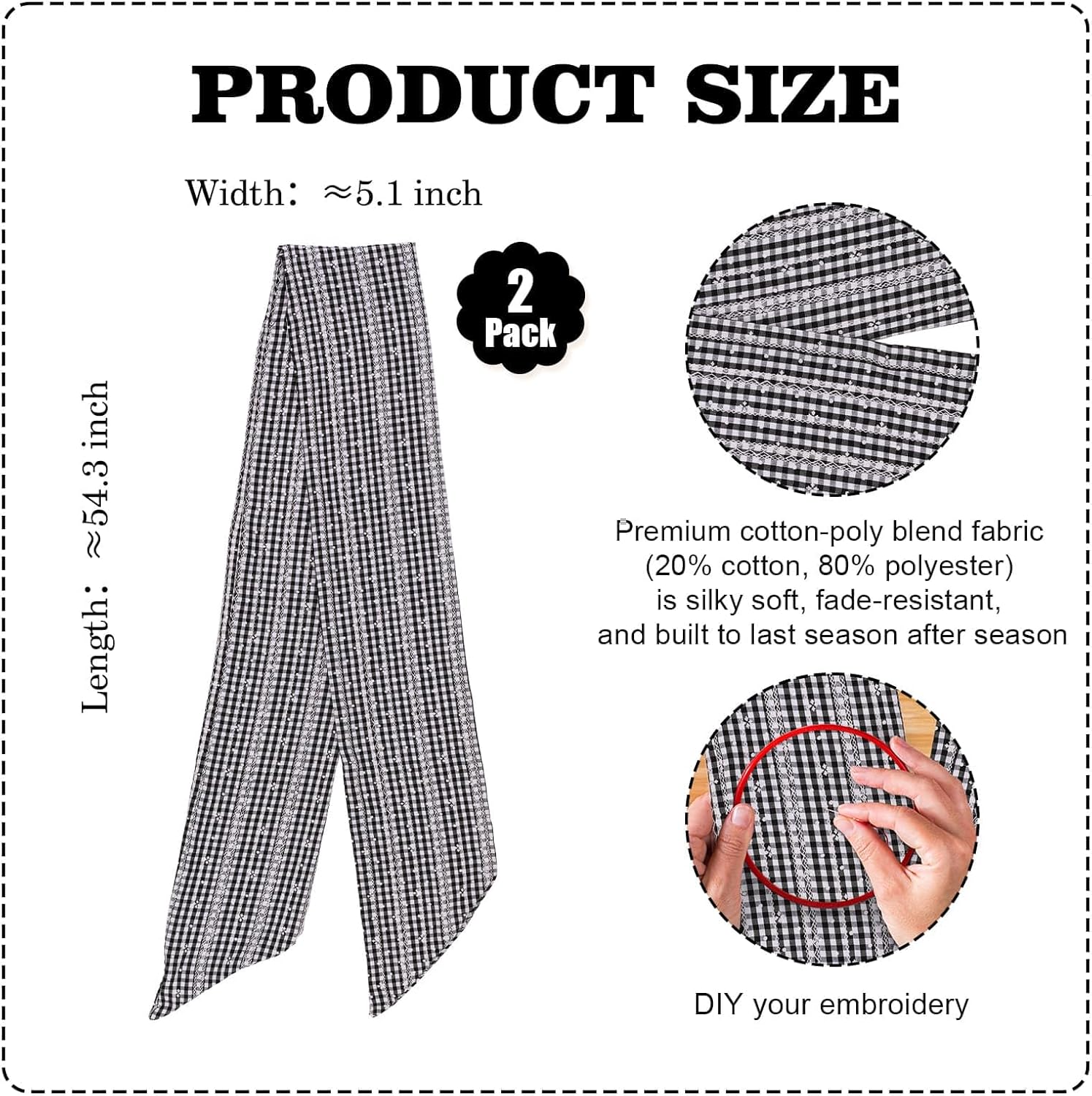 Skiennix 2-Pack Black & White Jacquard Plaid Wreath Sashes - 5.12" x 54.33" for Modern Decor & Events