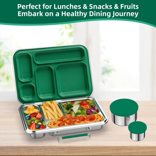 Qtyatvmoto Stainless Steel Bento Box for Adults, 31.6 oz Leakproof 5-Compartment Metal Lunch Box with 2 Containers, BPA-Free Food Container for Work Office Picnic, Dishwasher Safe Green