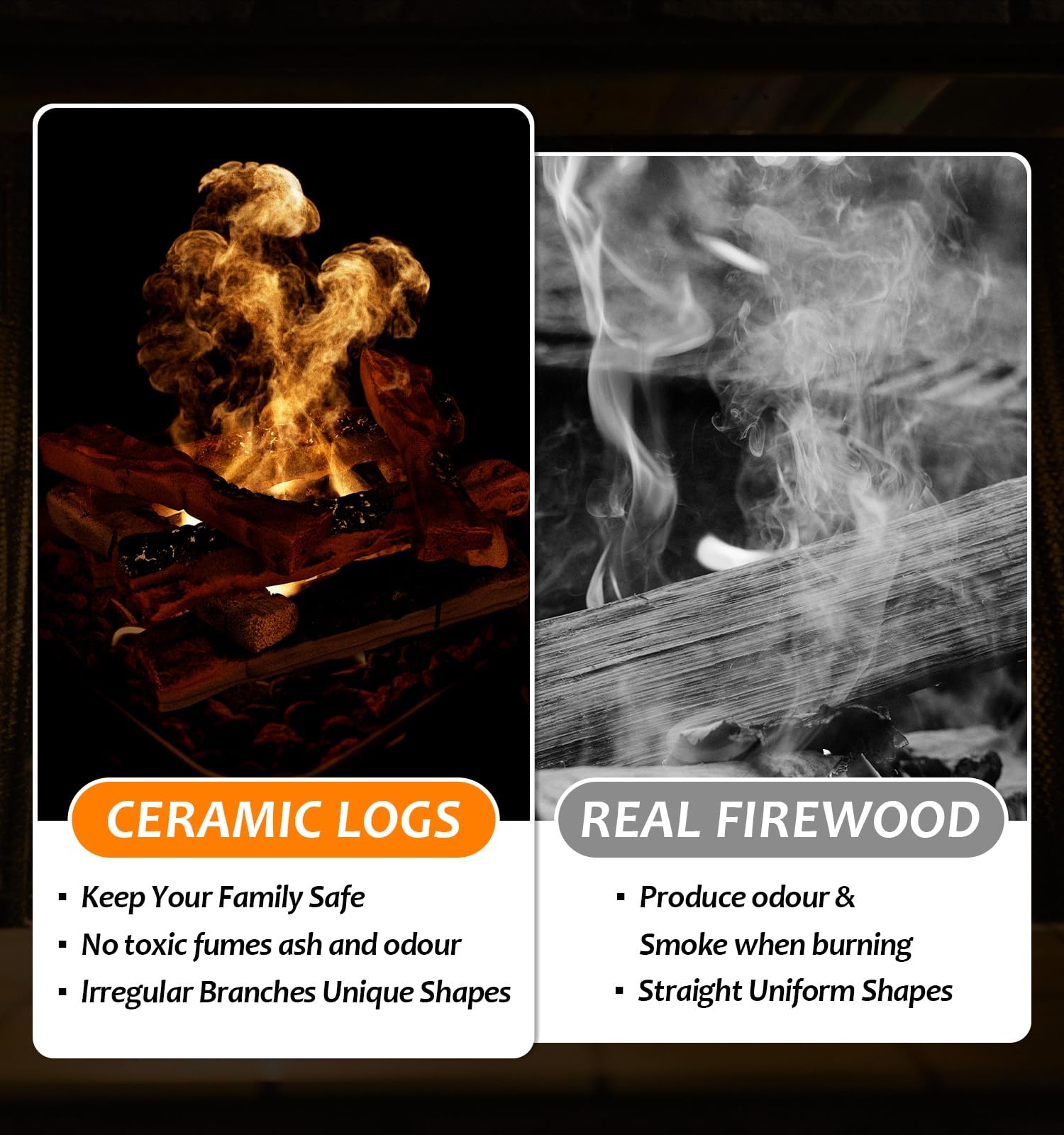 OBOLIS 10 Pcs Ceramic Gas Fireplace Logs, Premium Heat-Resistant Wood Log Gas Realistic Logs for Indoor or Outdoor Fireplaces,Perfect for Holidays,Christmas Ambiance