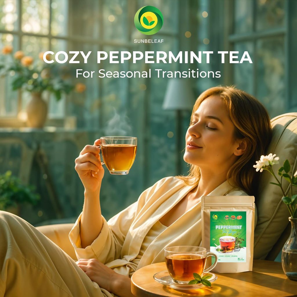 SUNBELEAF Peppermint Tea – 60 Tea Bags, Pure Mint Leaves from Vietnam, Caffeine-Free Herbal Infusion, Resealable Zip Pouch, Refreshing Gentle Flavor, Ideal for Daily Enjoyment