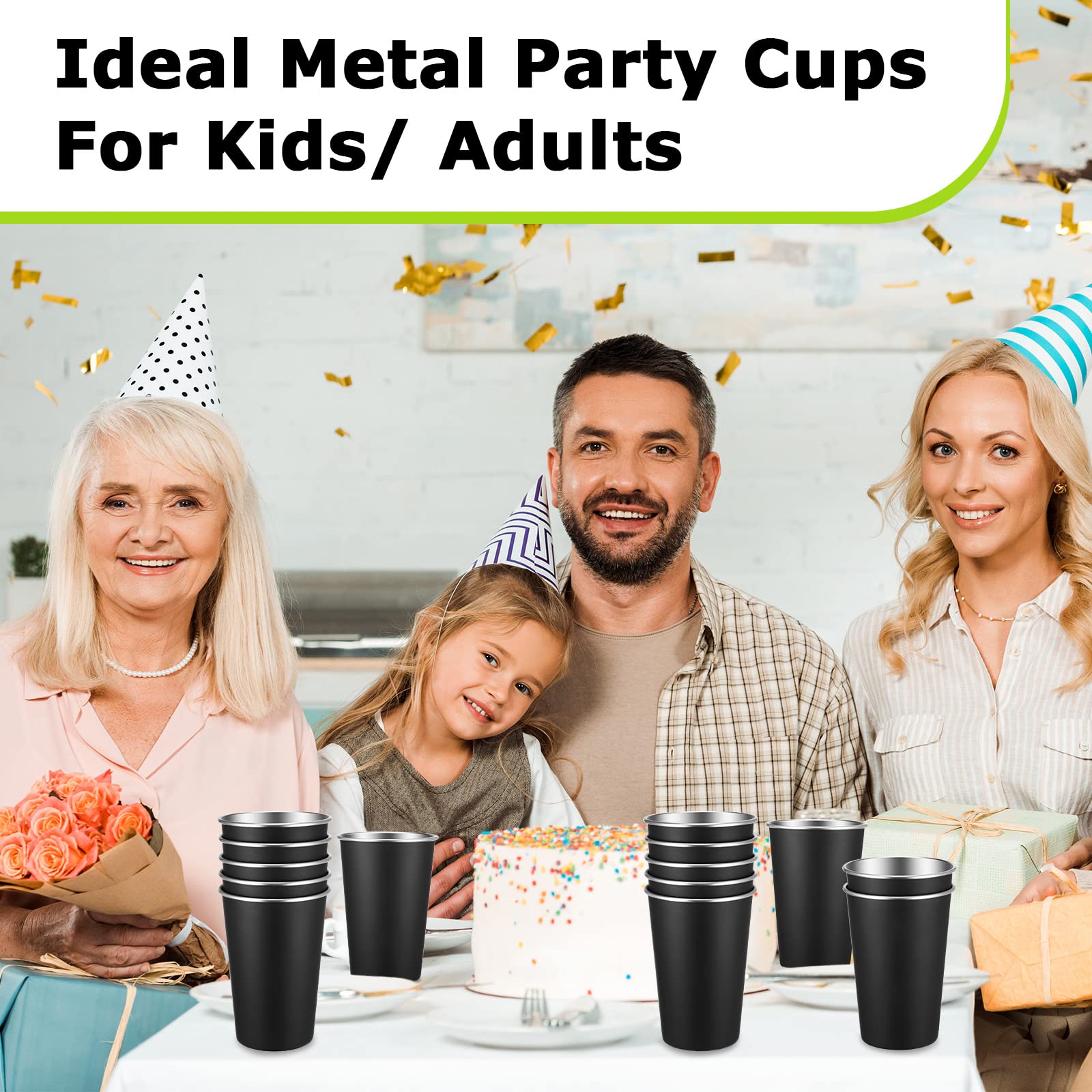Mimorou 20 Pack Stainless Steel Pint Cups Metal Cups Unbreakable Drinking Water Tumblers Stackable Tumbler for Adults Bar Home Restaurant Travel Picnic Camping Outdoor (Black,16 oz)