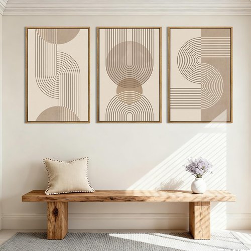 Anyzal Large Abstract Wall Art - Framed Boho Geometric Line Artwork | Modern Minimalist Beige Painting Set of 3 (24''x36'') for Living Room & Office