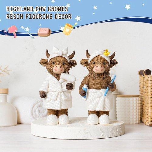 Burbell 2 Pcs Highland Cow Bathroom Figurine Bathroom Highland Cow Decor Gnomes Bath Decor Scottish Resin Statue Calf Lovers Gifts for Farmhouse Home Garden Kitchen Office Tiered Tray Table Decoration