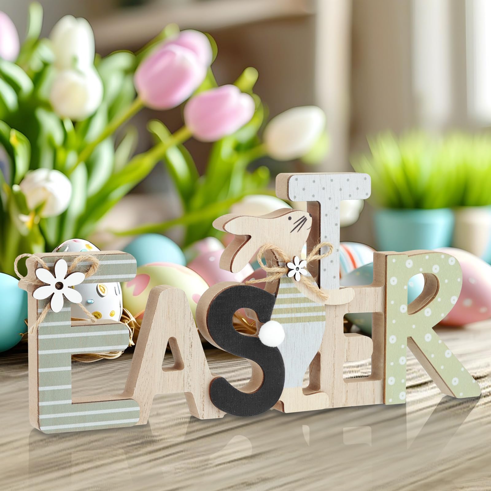 Shzbtdo Easter Decorations for Home, Farmhouse Table Wooden Bunny Mantel Decors, Indoor Easter Sign Decor for Tiered Tray Decor